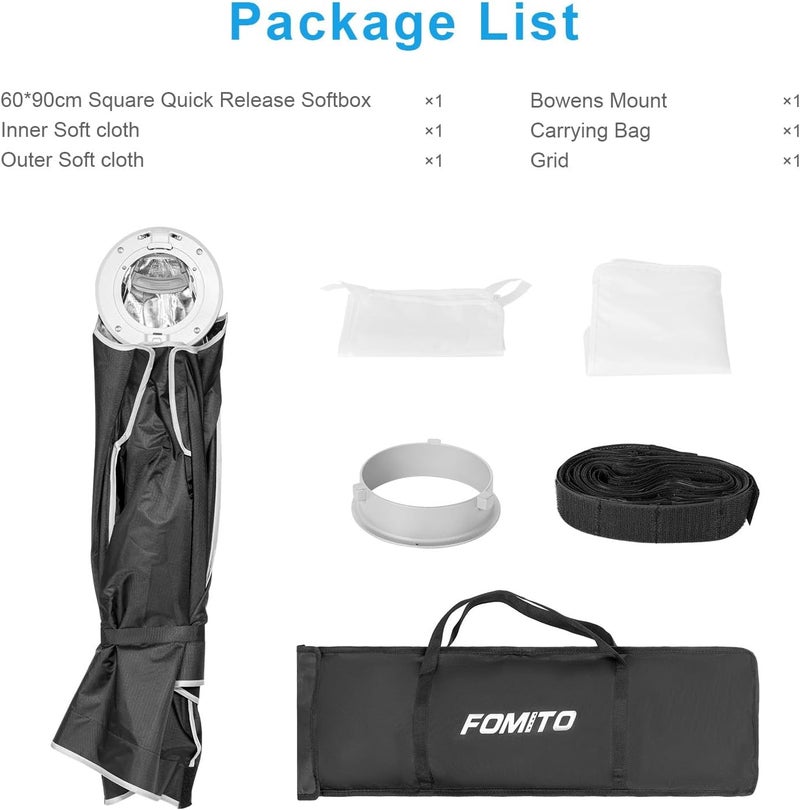 FOMITO 24"x35"/60x90cm Rectangular Softbox, Quick Release Bowens Mount Softbox with Honeycomb Grid, Light Diffusers, Bag for Godox SL-60W SL60IID SL150R SL300R Aputure 120d etc - Image 5